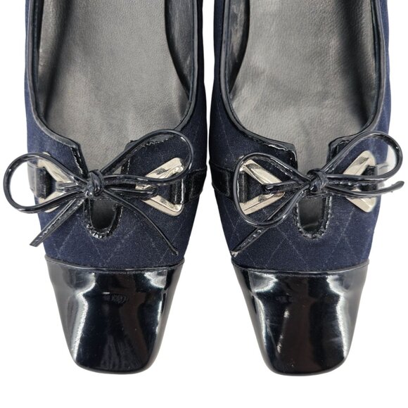Stuart Weitzman 8.5AAAA Navy Crepe Fabric Black Leather Dress Bow Heels Womens - Picture 13 of 15